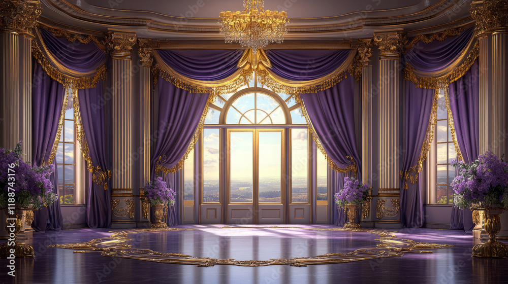 Fototapeta premium luxurious purple and gold room with crystal chandelier and ornate molding in a grand palace interior design with elegant decor accents and panoramic view in royal baroque style