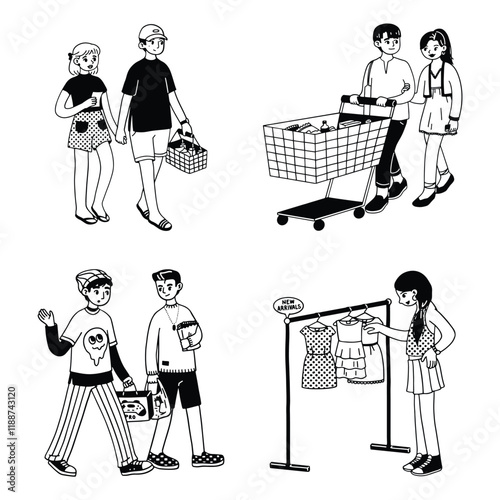 Retro monoline doodle retail people shopping mall
