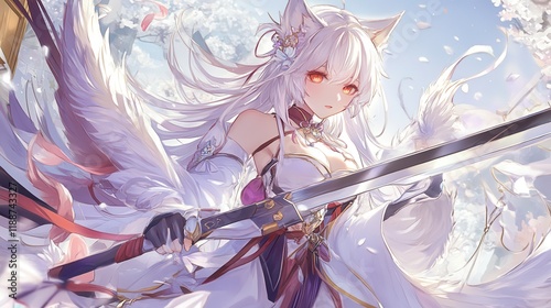 Stunning Anime Girl with Sword and Wings: A Breathtaking Digital Illustration