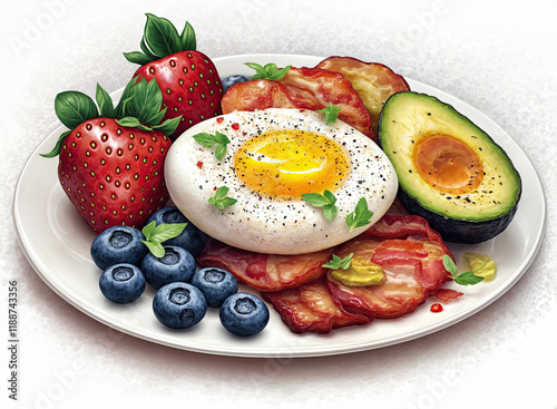  a plate containing a variety of breakfast foods, including a poached egg, bacon, blueberries, strawberries, and half an avocado. The plate is placed on a textured surface.