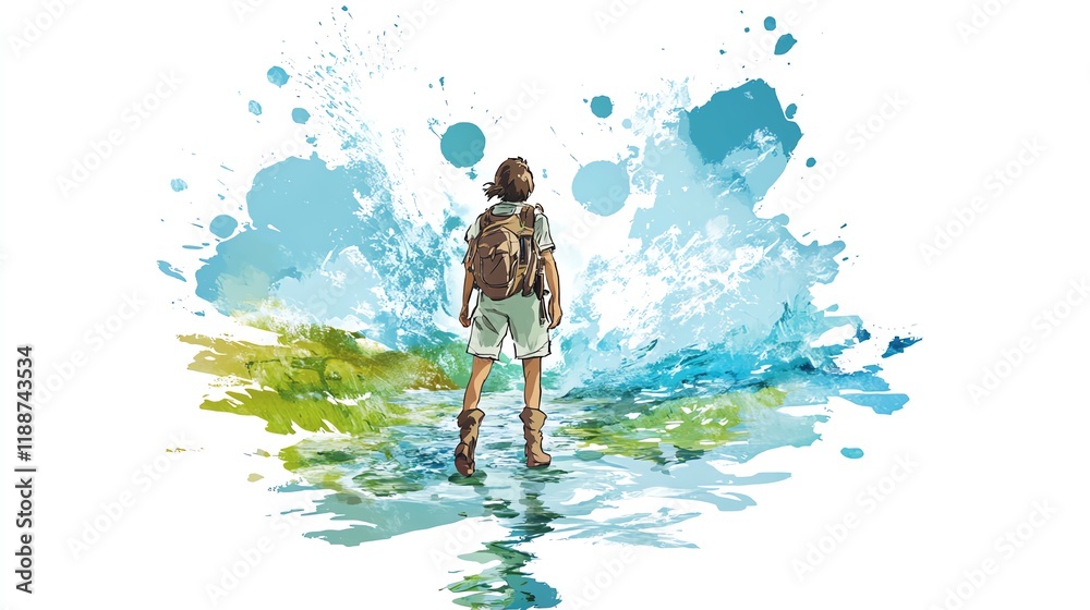 A lone hiker with backpack stands at a crossroads, facing a powerful ocean wave and serene grassland. Journey, adventure, and choice are symbolized. A lone hiker with backpack stands at a crossroads, facing a powerful ocean wave and serene grassland. Journey, adventure, and choice are symbolized.