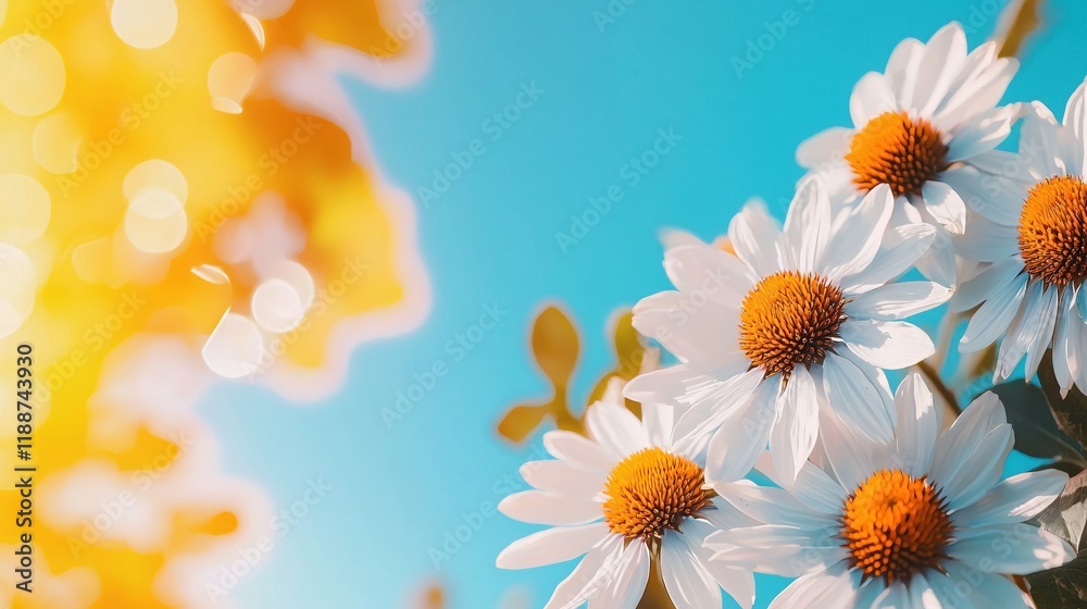 Fototapeta premium Bright Summer Daisies Against a Vivid Blue Sky with Golden Bokeh