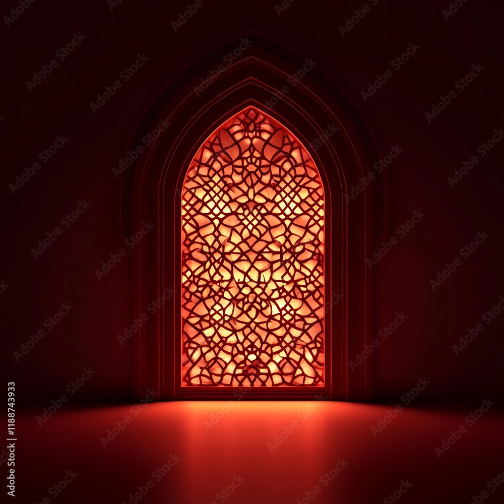 Ornate Islamic Archway Illuminating a Red Interior. This 3D rendering showcases a captivating Islamic archway. Ornate Islamic Archway Illuminating a Red Interior. This 3D rendering showcases a captivating Islamic archway.