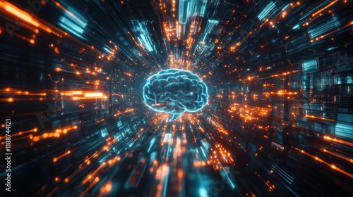 Abstract digital brain in futuristic tunnel.