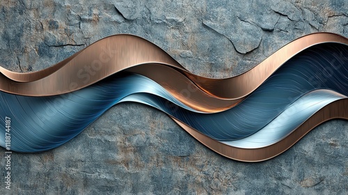 **Abstract elliptical waves rendered in muted copper and chrome blue tones