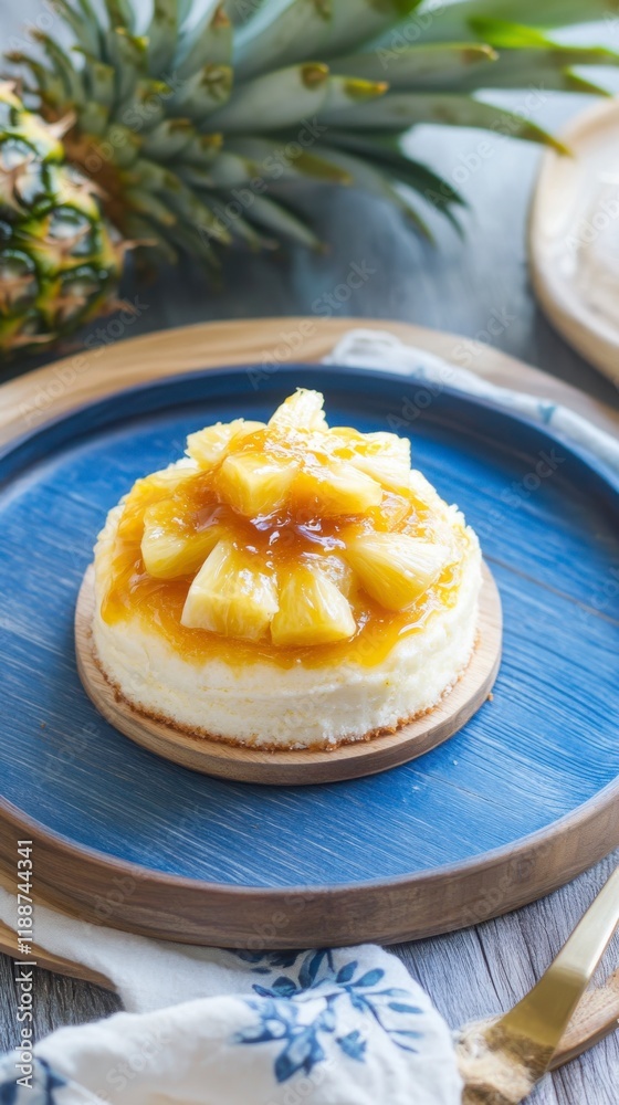 Pineapple Sponge Cake with caramelized pineapple topping, photographed on a chic blue wooden plate, tangy and vibrant Hyper-quality professionnal photography