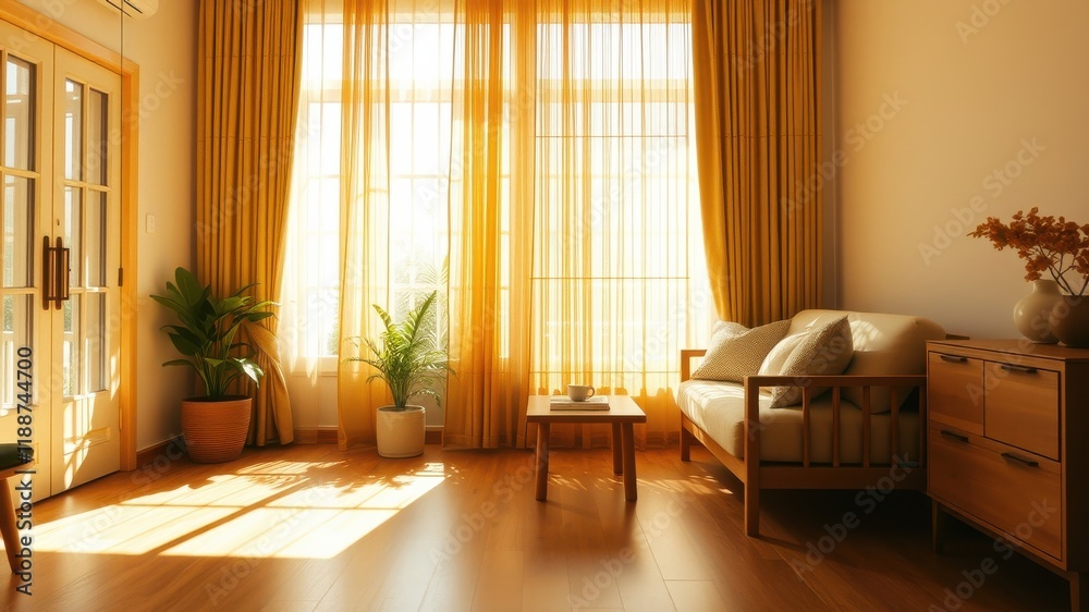 Fototapeta premium Sunlit Living Room with Warm Decor and Wooden Furniture