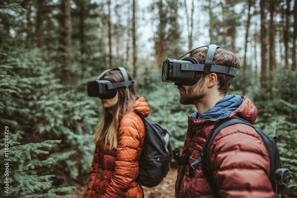 Fototapeta premium Exploring virtual reality in a serene forest environment with friends during the day