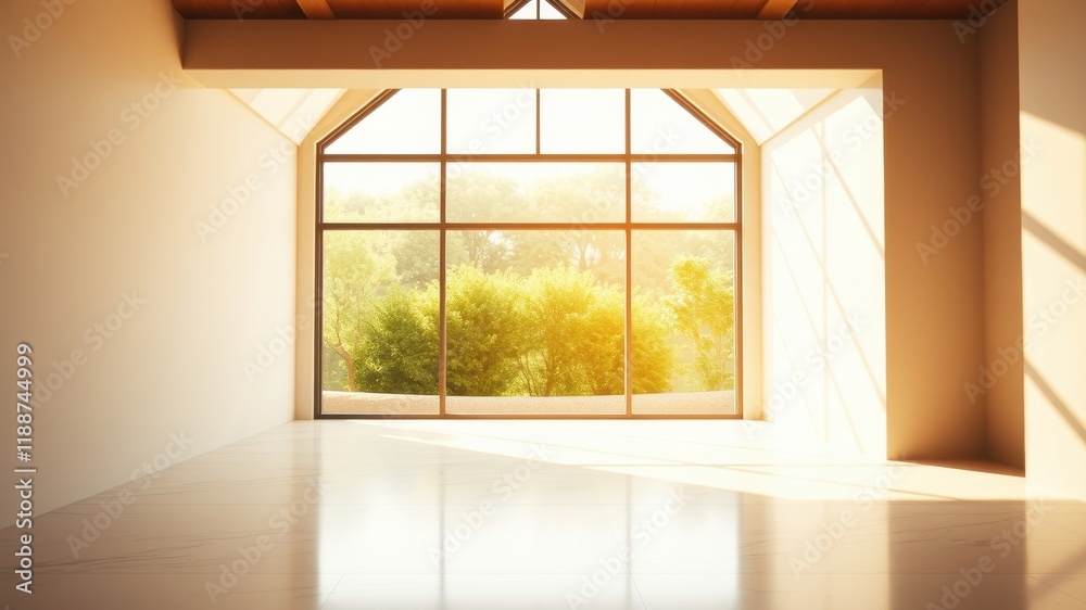 Fototapeta premium Sunlit Modern Room with Expansive Window and Lush Greenery View