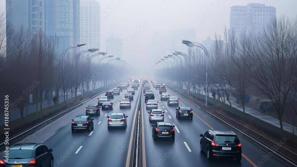 A foggy urban scene with cars moving along a busy road lined by trees. A foggy urban scene with cars moving along a busy road lined by trees.