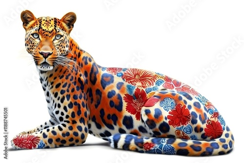 Leopard with floral markings, animal art illustration, isolated on a white background. photo