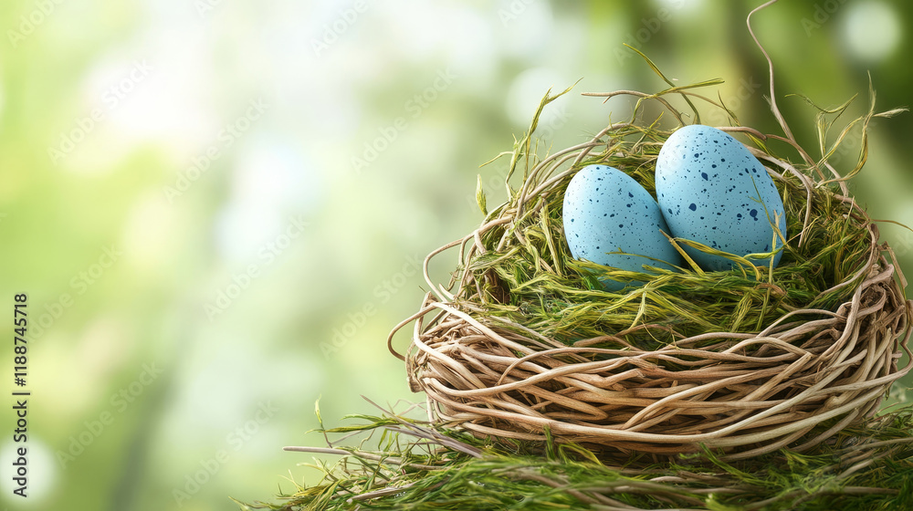 Obraz premium Two light blue eggs with dark flecks, lying in a nest made of thin twigs and lined with green moss or grass.