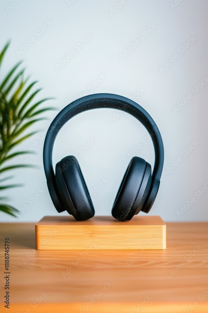 A headset displayed on a modern stand in a high-tech home studio. A headset displayed on a modern stand in a high-tech home studio.