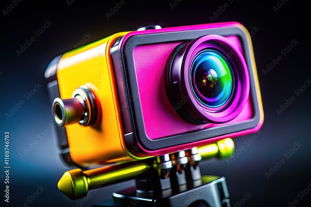 Fototapeta premium 4K Action Cam Macro Lens Closeup: Modern Vlogger Camera, Selective Focus, Black Background