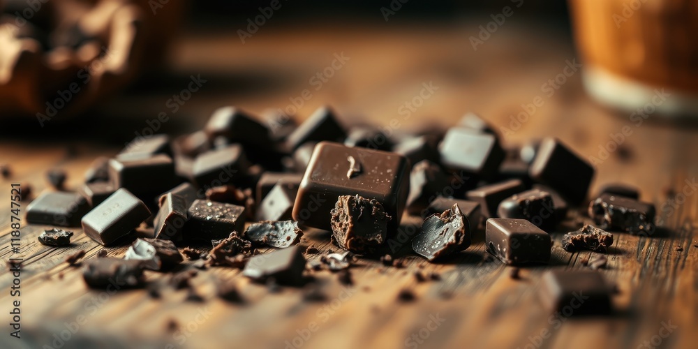 Aromatic Dark Chocolate Pieces Scattered on Rustic Wood Aromatic Dark Chocolate Pieces Scattered on Rustic Wood