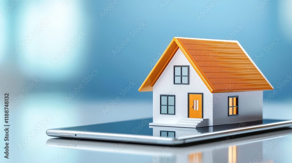 A small house model sits on a smartphone, symbolizing the integration of real estate and technology in modern living.