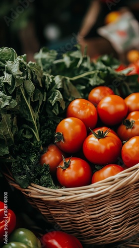 Fresh Tomatoes and Greens in a Basket photo