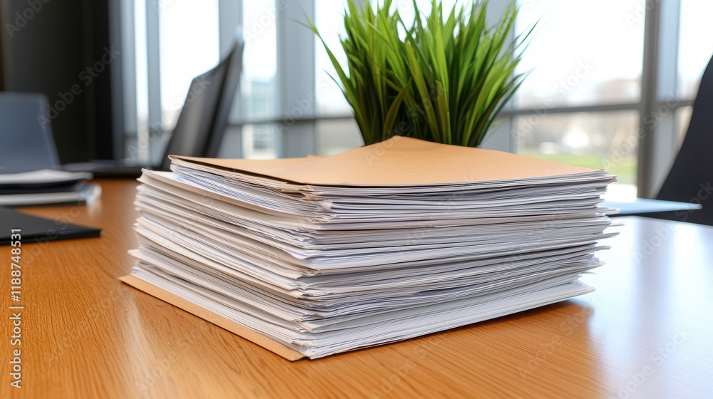 A stack of organized paperwork rests on a wooden table, accompanied by a small green plant, suggesting a workspace or office environment.