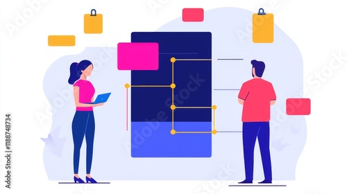 Strategy and process alignment, professionals using flowcharts, dashboards, and performance analysis to streamline business processes in a collaborative office setting