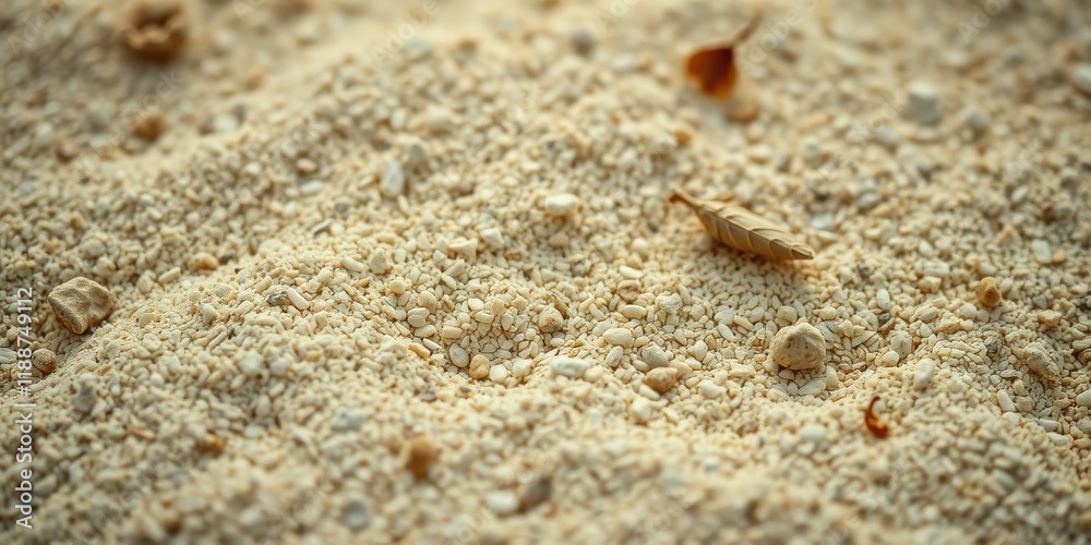 Close-up view of fine, light beige granular material with small stones and dried leaves scattered on the surface. Close-up view of fine, light beige granular material with small stones and dried leaves scattered on the surface.
