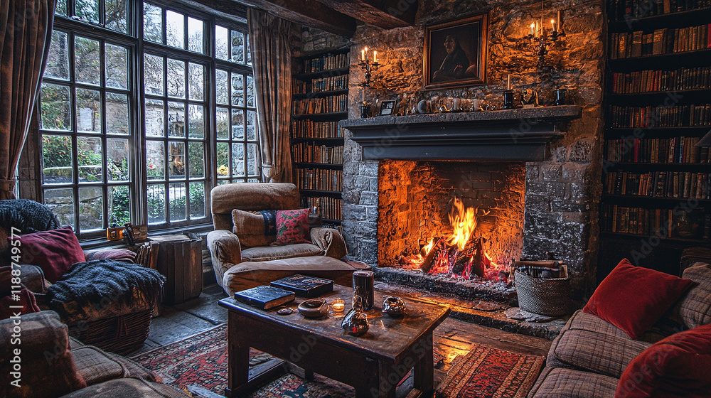 A warm living room features a stone fireplace and wooden beams, offering a serene view of nature through glass doors as dusk settles in A warm living room features a stone fireplace and wooden beams, offering a serene view of nature through glass doors as dusk settles in