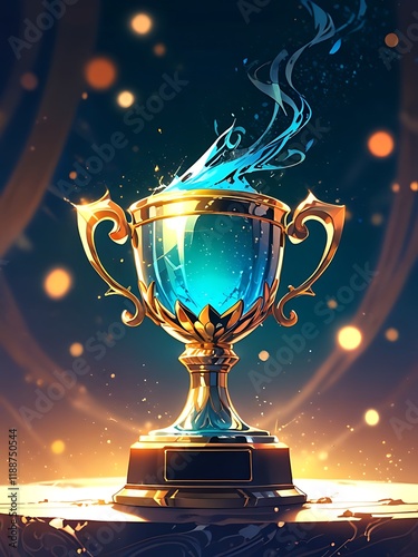 Outstanding closeup golden trophy award with cascading confetti text 3D rendering copy space