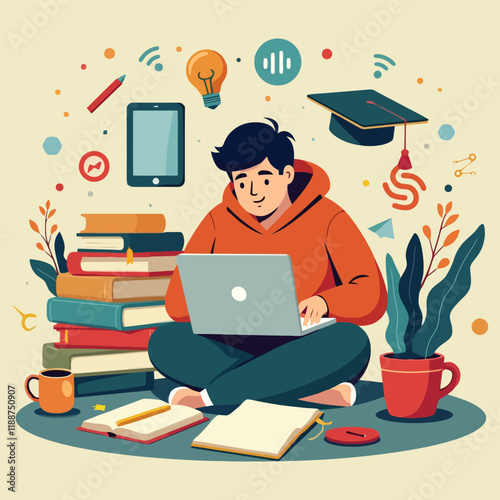 Student Studying with Laptop Surrounded by Books and Educational Icons