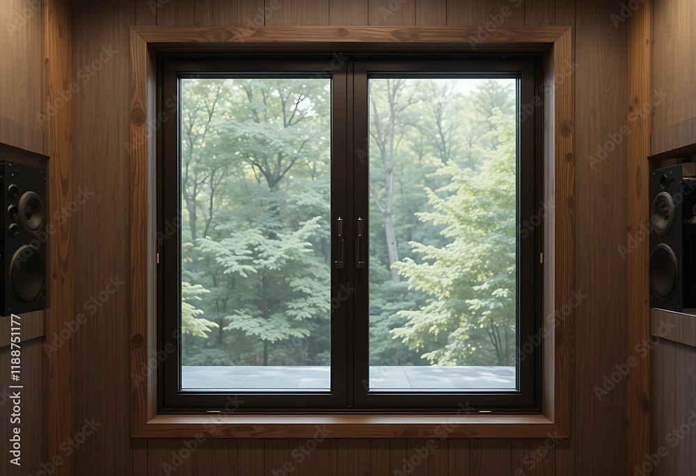 Wooden Room Window View Of Lush Green Trees