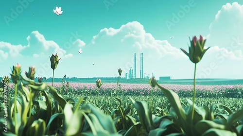 Serene Pink Flower Field with Industrial Plant Background, Peaceful Nature Scene, Beautiful Spring photo