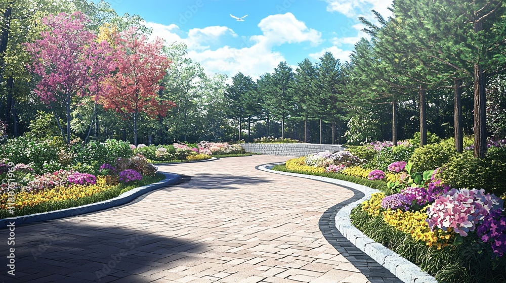 Fototapeta premium Serene Garden Path Winding Through Blossoming Trees and Flowers