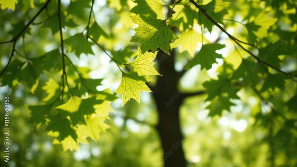 Sunlight Illuminates Vibrant Green Leaves on a Tree Branch in a Lush Forest Setting Sunlight Illuminates Vibrant Green Leaves on a Tree Branch in a Lush Forest Setting