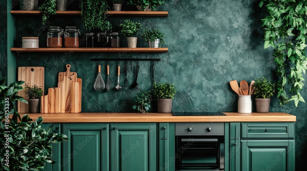 A vibrant kitchen with green cabinets, a wooden counter, and indoor plants. A vibrant kitchen with green cabinets, a wooden counter, and indoor plants.