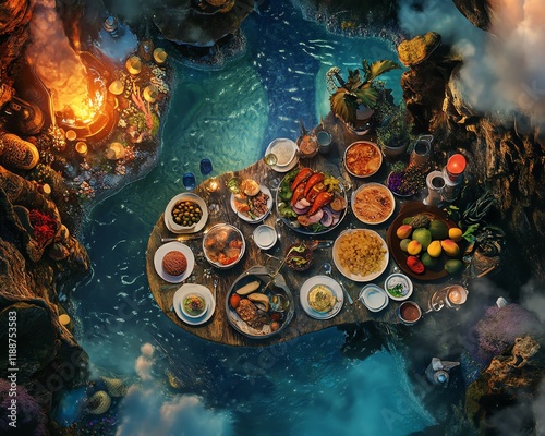 Enchanted underwater feast.  A magical table laden with diverse dishes, surrounded by glowing fire and fantastical elements. Perfect for fantasy, adventure, or culinary themes. photo