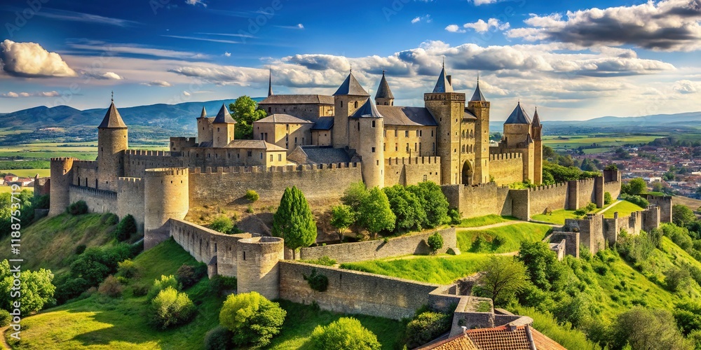 Fototapeta premium Carcassonne Fortress: Majestic Medieval Walls, France - Picturesque European Landmark
