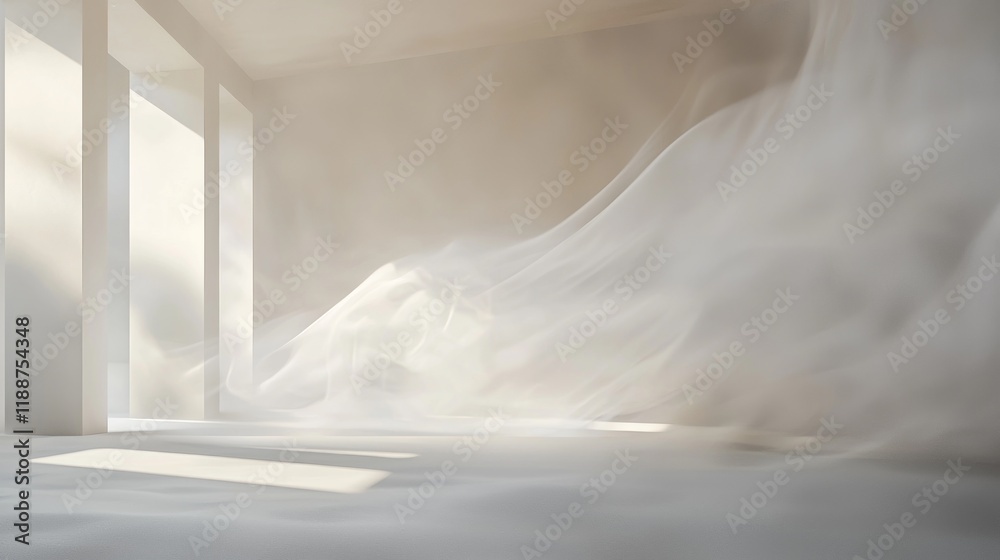 Serene Minimalist Interior: White Fabric Drapes in Sunlit Room Serene Minimalist Interior: White Fabric Drapes in Sunlit Room