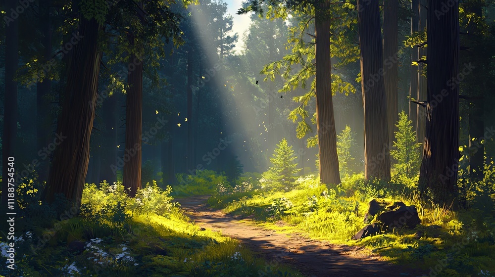 Fototapeta premium Enchanted Forest Pathway Sunlight Radiates Through Trees