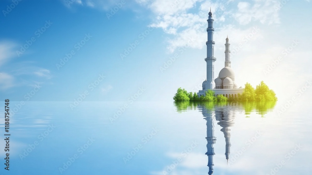 A mosque with its reflection on calm water during Ramadan symbolizing peaceful reflection and spiritual connection A mosque with its reflection on calm water during Ramadan symbolizing peaceful reflection and spiritual connection