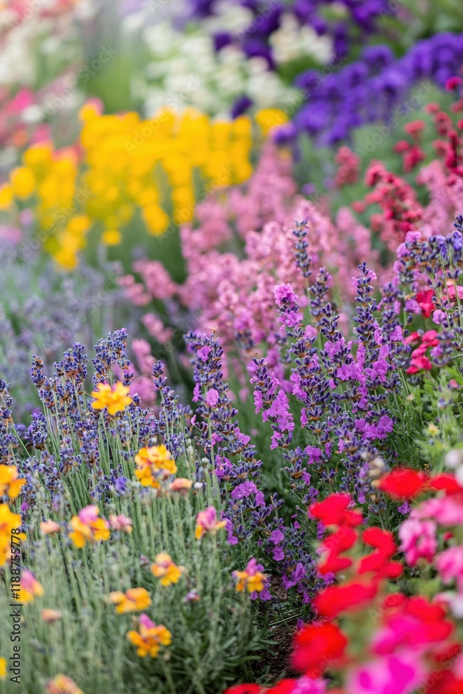 Fototapeta premium Vibrant Spring Flower Garden Blooming Colorful Lavender Purple Pink Yellow Blossoms