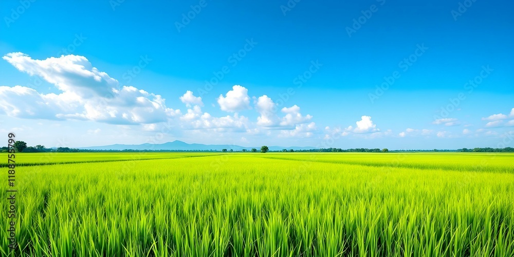 Obraz premium Vibrant green wheat field under bright blue sky with fluffy clouds. Summer rural landscape. Agricultural scenery with lush crops. Nature beauty for wallpaper, background, or farming concept