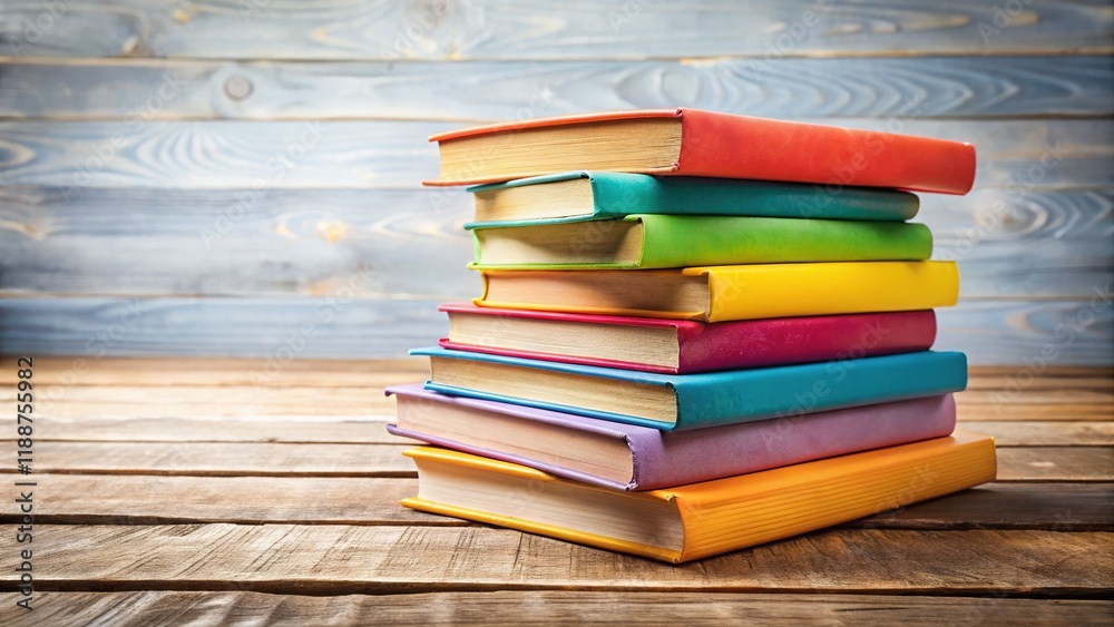 Colorful Book Stack on Wooden Table - Bright, Sharp, High-Resolution Photo Colorful Book Stack on Wooden Table - Bright, Sharp, High-Resolution Photo