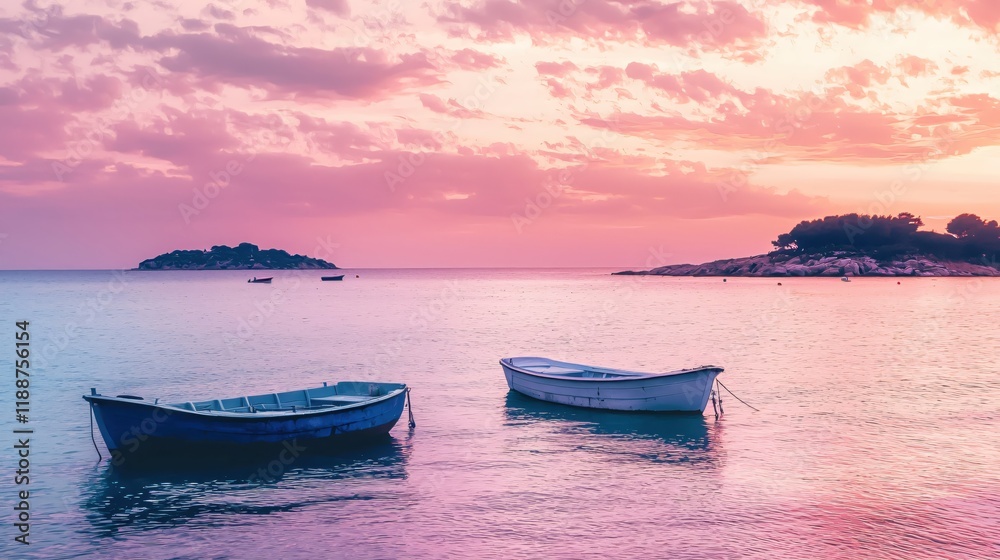 Naklejka premium Serene Sunset Seascape with Two Boats at Calm Bay Peaceful Island Landscape
