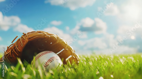 Closeup of a vintage baseball glove and ball resting on lush green grass, evoking the timeless spirit of the game.
