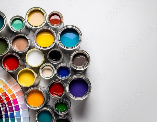 Paint cans and color palette on white background  top view.
