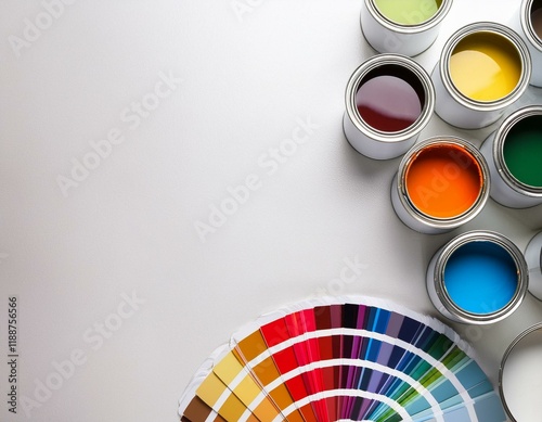 Paint cans and color palette on white background  top view.