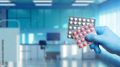 Pills in doctor hand. Blist...