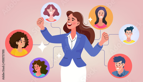 A confident female leader connects with her diverse team or online community. She successfully manages her network, representing leadership, business connections, and teamwork.