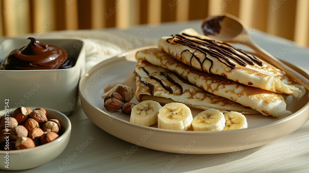 Pancakes with chocolate and banana served on a plate styled dessert with nuts and drizzled chocolate sauce Pancakes with chocolate and banana served on a plate styled dessert with nuts and drizzled chocolate sauce