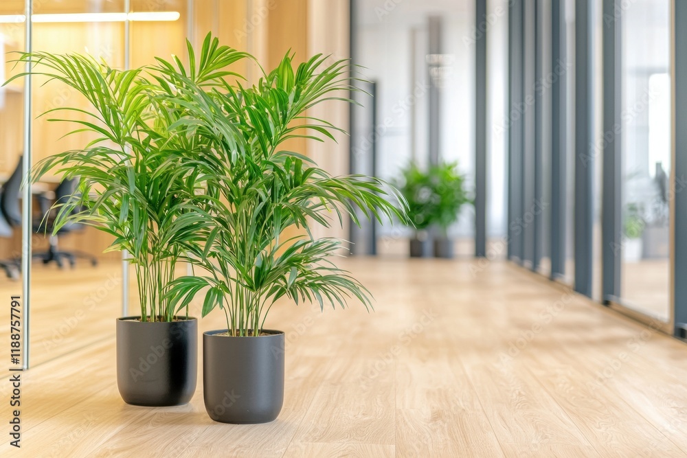 Fototapeta premium Modern Office Interior Design with Green Indoor Plants in Stylish Pots