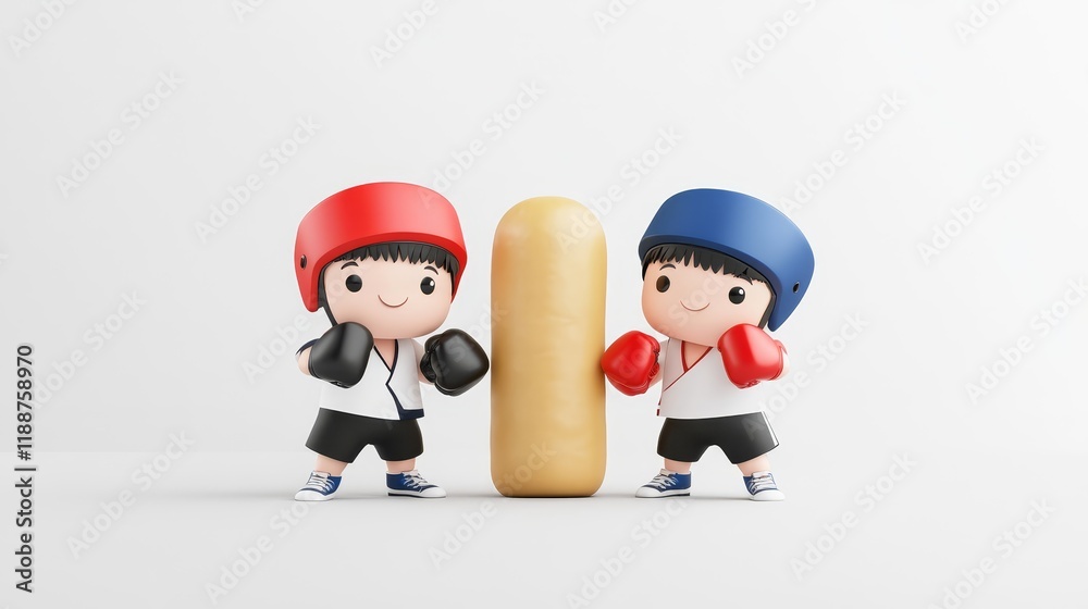 Two Cute Cartoon Characters in Boxing Gear Preparing for a Playful Match Against an Oversized Snack Treat on a Clean White Background Two Cute Cartoon Characters in Boxing Gear Preparing for a Playful Match Against an Oversized Snack Treat on a Clean White Background