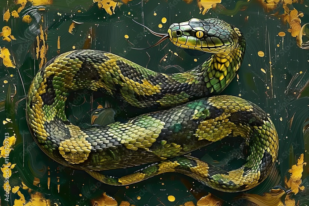 Fototapeta premium The artwork presents a vivid and detailed portrayal of a stunning green and yellow snake, gracefully coiled upon a richly textured dark background